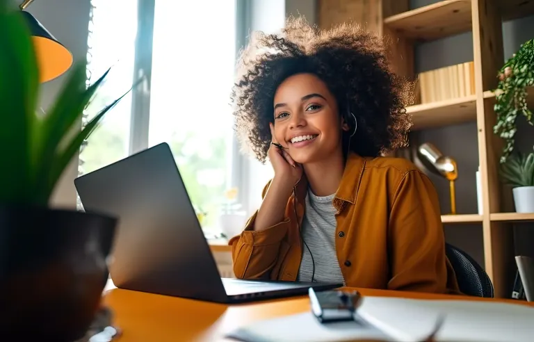 woman on a computer happy