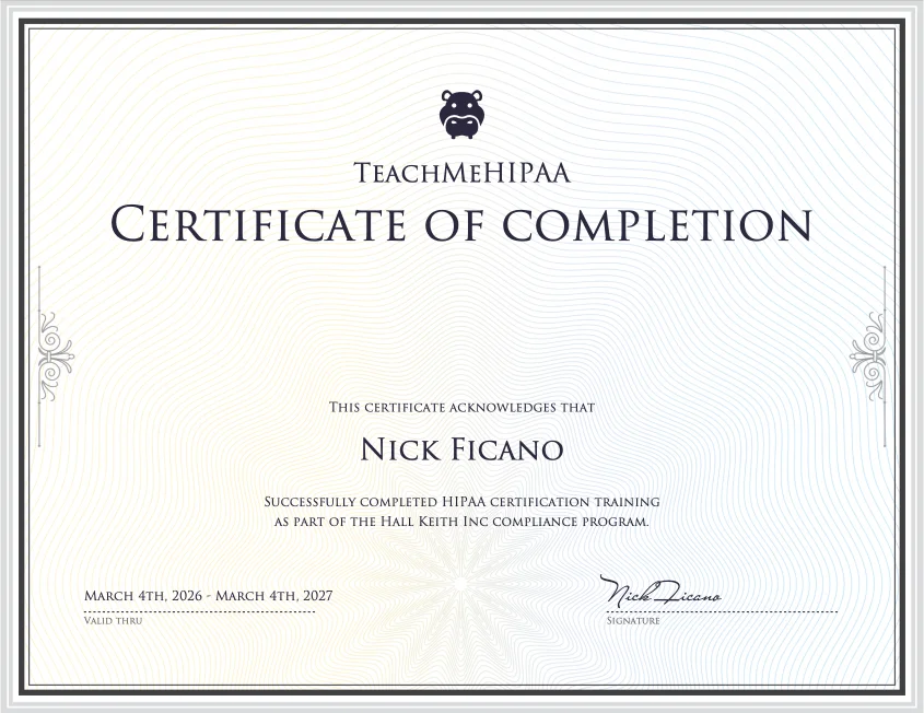 TeachMeHIPAA HIPAA certificate preview